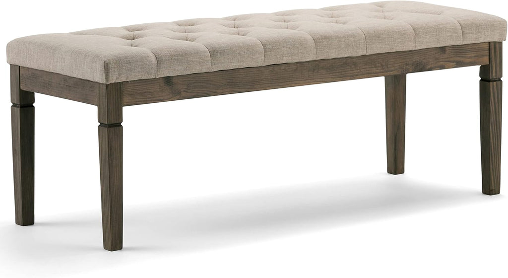 SIMPLIHOME Waverly Tufted Ottoman Bench - 48 inch Wide Upholstered Linen Look Fabric Rectangle Footstool Ottoman in Natural, Traditional Bench for Bedroom, Entryway or Living Room with Carved Legs