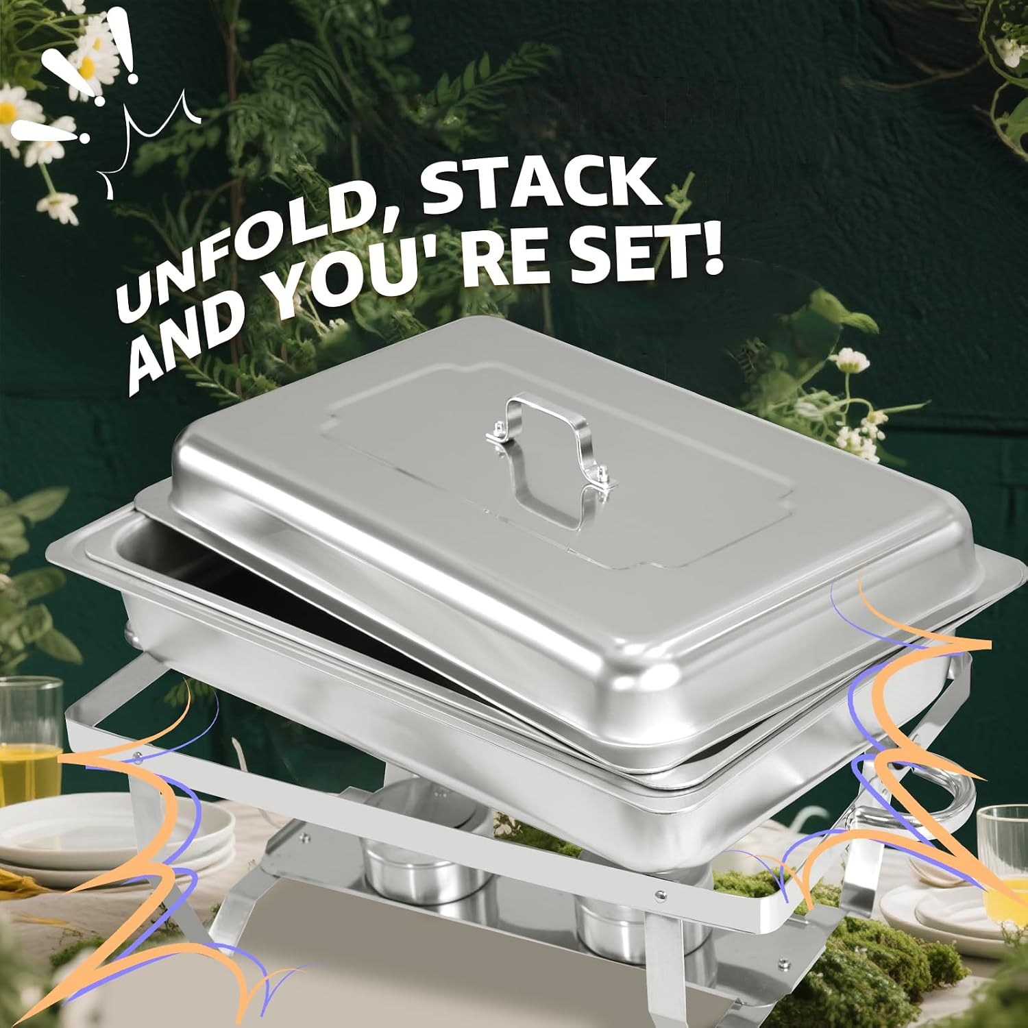 4 Pack 8QT Stainless Steel Chafing Dishes for Buffet, Foldable Frame Food Warmers with Full Size Pan Ideal for Catering, Weddings, Christmas Parties, Event Serving Supplies