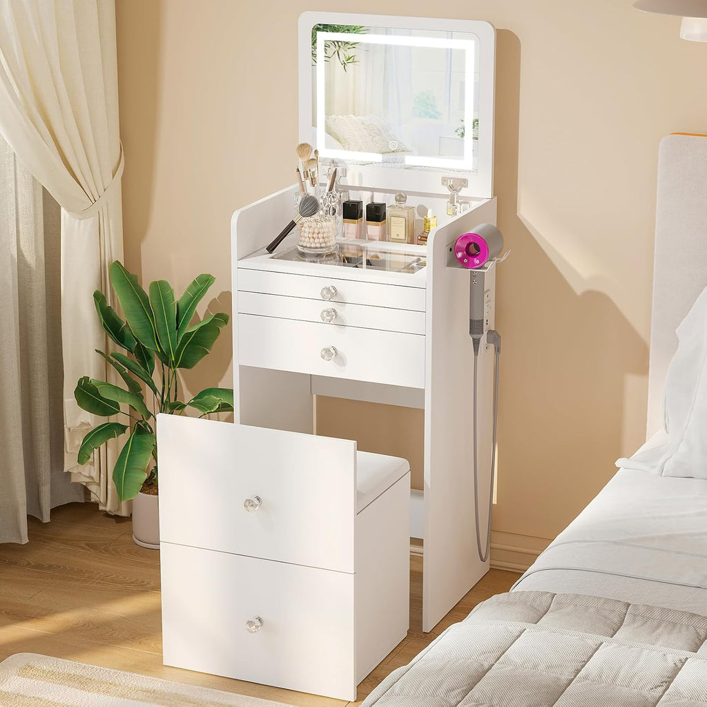 VOWNER 3-in-1 Vanity Desk with Flip Top LED Light Mirror and Glass Desktop, Small Makeup Vanity with 3 Drawers, Compact Dressing Table with Stool for Bedroom, White 19' L
