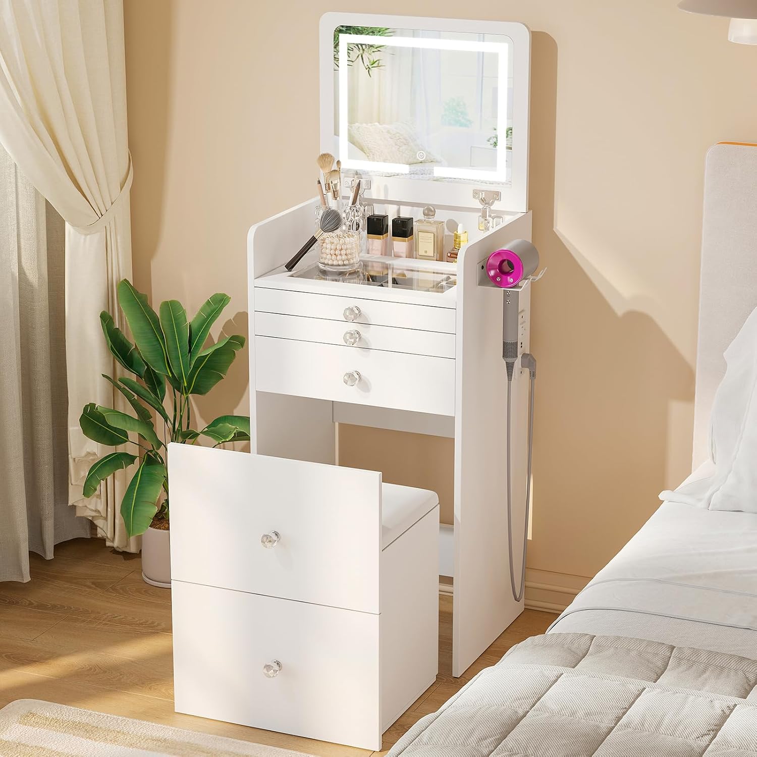 VOWNER 3-in-1 Vanity Desk with Flip Top LED Light Mirror and Glass Desktop, Small Makeup Vanity with 3 Drawers, Compact Dressing Table with Stool for Bedroom, White 19' L