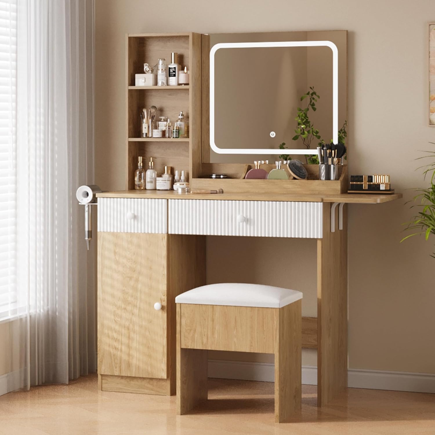 Patikuin Vanity Desk with Mirror and Lights, Natural Makeup Vanity with Charging Station, Dressing Table Set with Storage Chair, Drawer Shelves, and Foldable Panel for Compact Space Bedroom, Natural