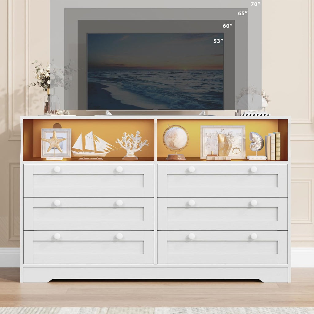 GarveeLife White Dresser for Bedroom with 6 Drawers, Large Wooden Bedroom Dressers with Power Outlet and Led Lights, 55 in Wide TV Dresser, Wood Modern 6 Drawers Dressers & Chests of Drawers for Room
