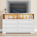 GarveeLife White Dresser for Bedroom with 6 Drawers, Large Wooden Bedroom Dressers with Power Outlet and Led Lights, 55 in Wide TV Dresser, Wood Modern 6 Drawers Dressers & Chests of Drawers for Room