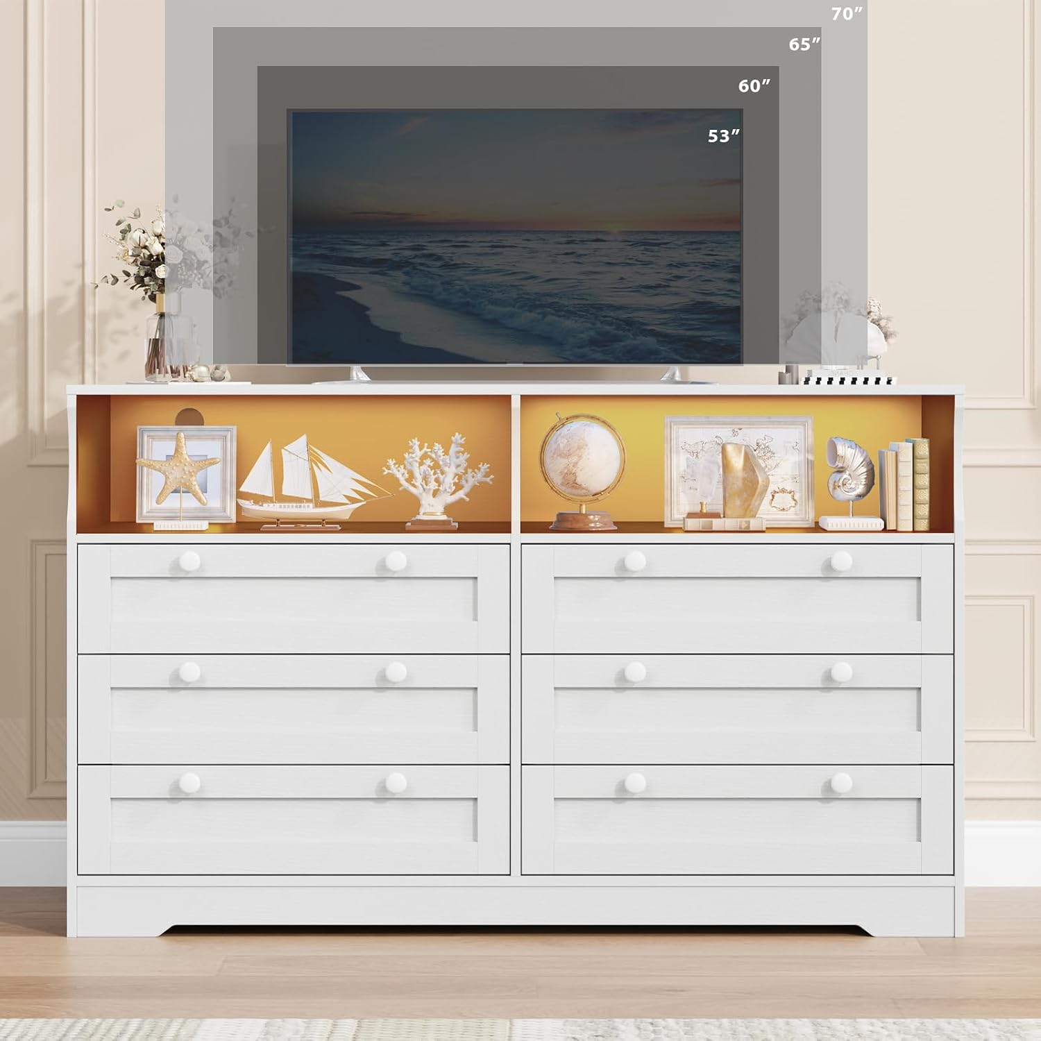 GarveeLife White Dresser for Bedroom with 6 Drawers, Large Wooden Bedroom Dressers with Power Outlet and Led Lights, 55 in Wide TV Dresser, Wood Modern 6 Drawers Dressers & Chests of Drawers for Room