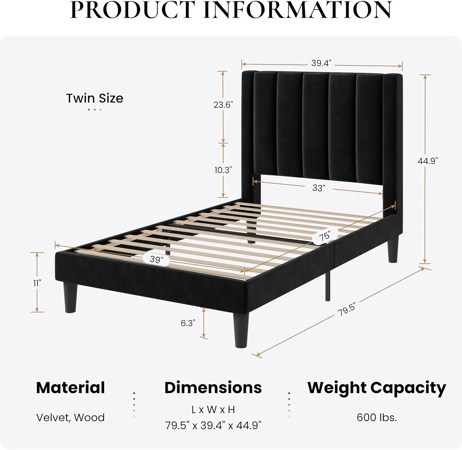 SHA CERLIN Twin Bed Frame/Velvet Upholstered Platform Bed Frame with Headboard/Strong Wood Slats Support/Mattress Foundation/No Box Spring Needed - Black