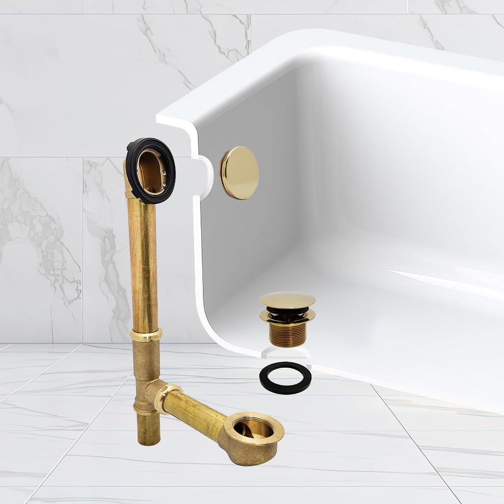 Westbrass A325H-01 14' Brass Bath Waste & Overflow Assembly with European Tip-Toe Drain Plug and Illusionary Faceplate, Polished Brass