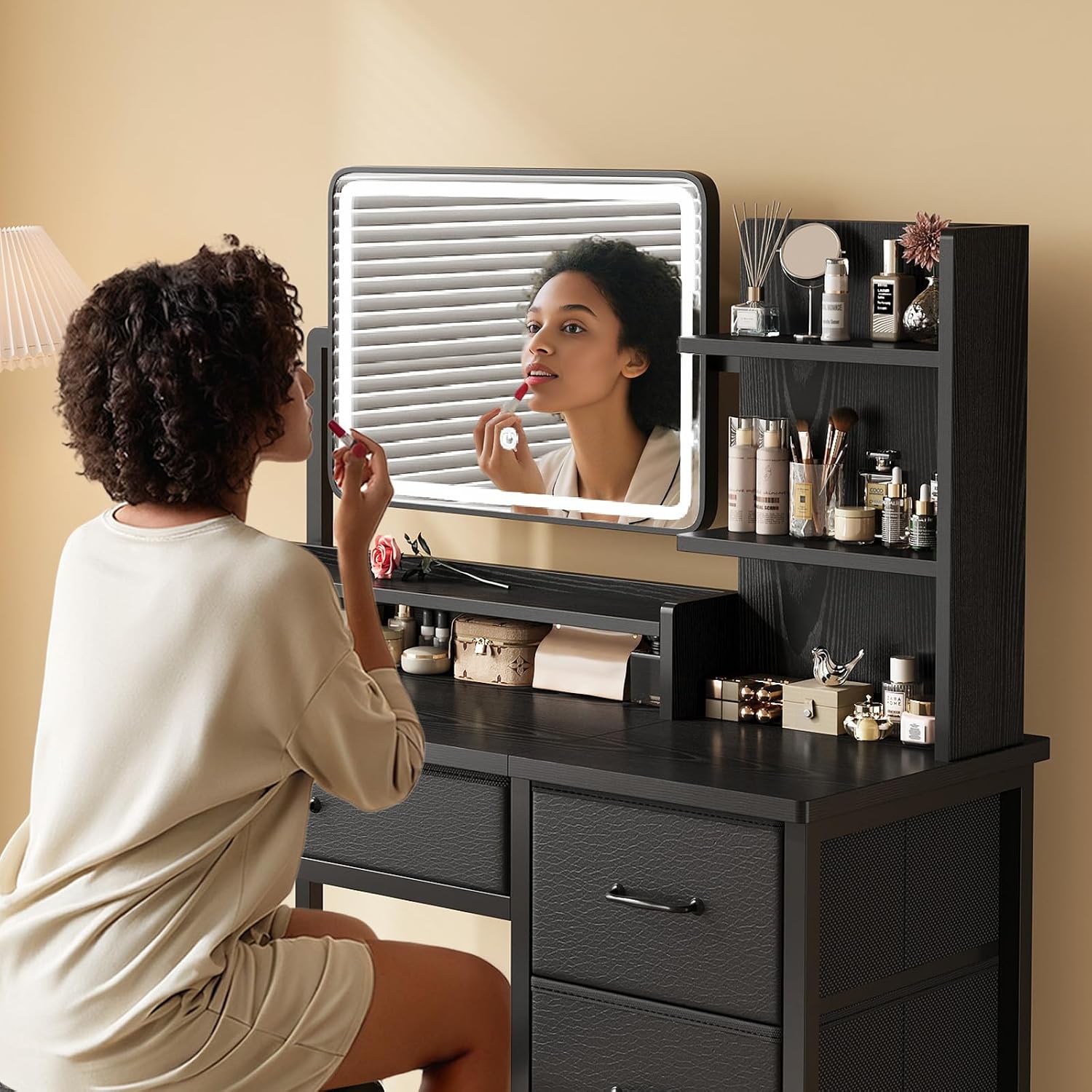 YeTom Vanity Desk with Mirror and Lights, Makeup Vanity Desk with 4 Fabric Drawers & Storage Shelves & Side Table, 3 Color Modes & Adjustable Brightness, Black Vanity, Bedroom Furniture