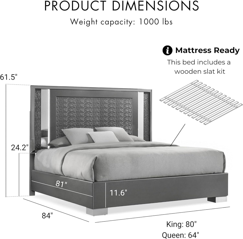 Furniture of America Uself Modern Solid Wood 5-Piece Bedroom Set with LED on Headboard and Mirror, Silver Bracketed Feet, Leaf Pattern Molding, No Box Spring Needed, King, Dark Gray