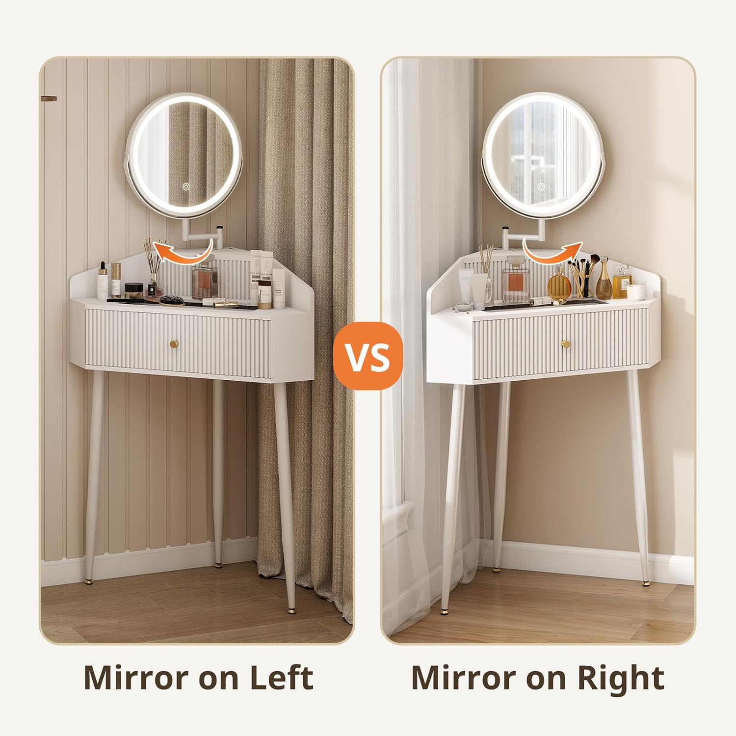 ARTETHYS Corner Vanity Desk with Retractable and Rotating Mirror and Lights Small Modern White Makeup Vanity Set with Glass Top for Women Compact Girls Dressing Table with Storage for Small Space