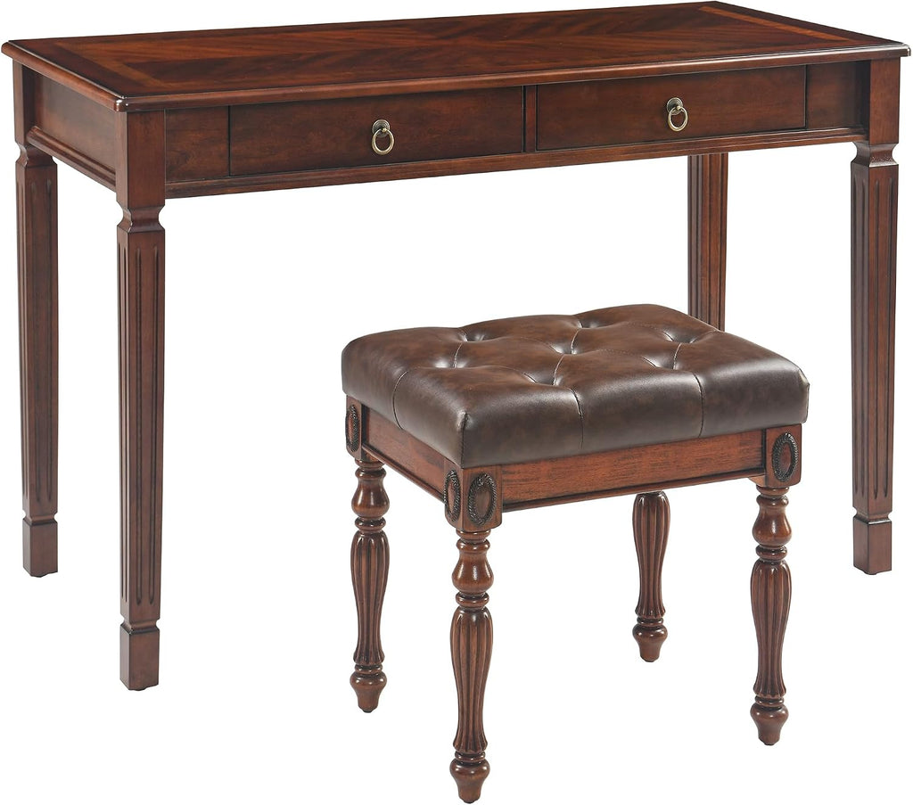 Solid Wood Makeup Vanity Table Set, 46.1' Large Dressing Vanity Table with 2 Drawers and Vanity Bench Stool Writing Desk with Solid Wood Legs & Button Tufted Cushioned Stool, Cherry&Brown