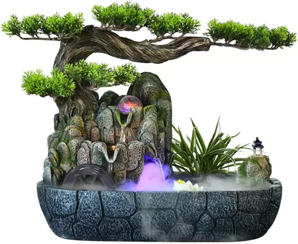 Tabletop Water Fountain Indoor Water Fountain Resin Chinese Artificial Tree Rockery Tabletop Fountain with Rolling Ball Zen Fountain for Home Office Bedroom Desk Decoration Indoor Fountain