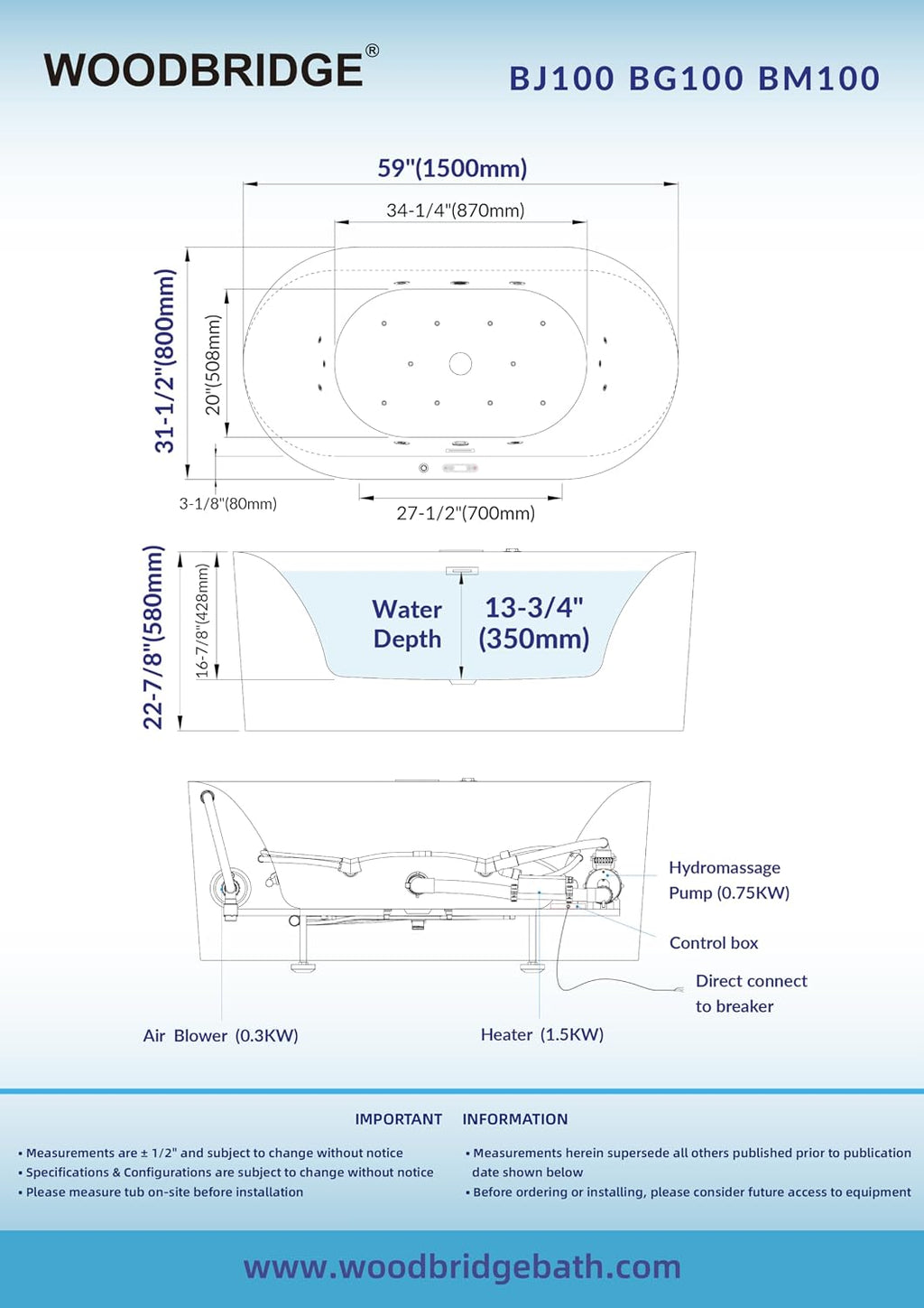 WOODBRIDGE 59' x 31-1/2' Whirlpool and Air Bath Heated Soaking Combination Tub with Adjustable Speed Air Blower and Display Control Panel, Brushed Gold Finish Trim and Drain Kit,BG100