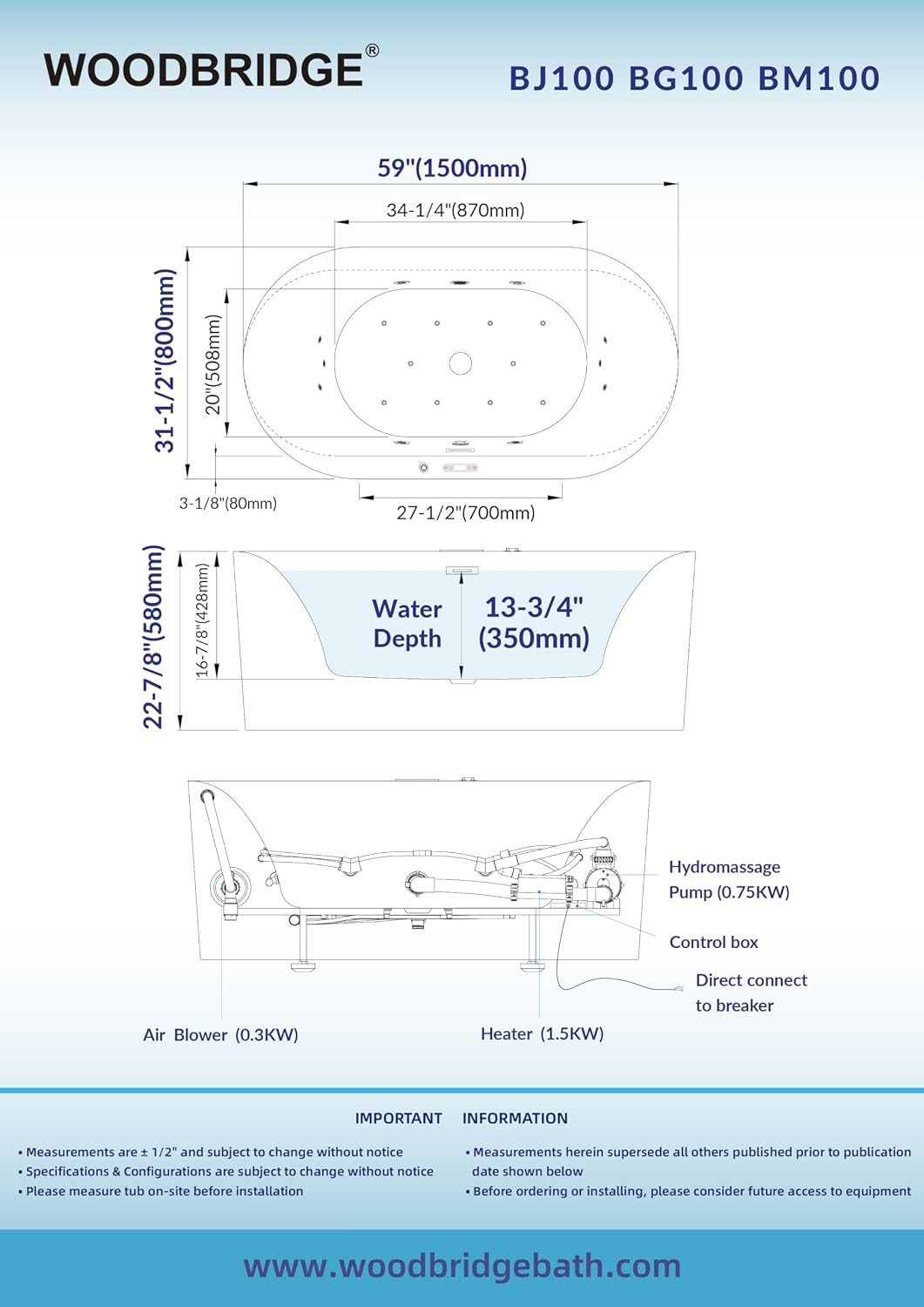 WOODBRIDGE 59' x 31-1/2' Whirlpool and Air Bath Heated Soaking Combination Tub with Adjustable Speed Air Blower and Display Control Panel, Brushed Gold Finish Trim and Drain Kit,BG100