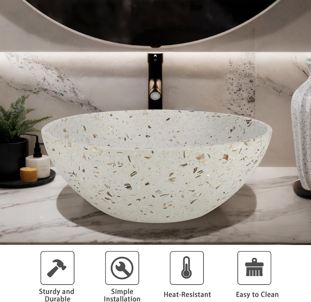 YIMAI Terrazzo Vessel Sink with Faucet and Drain, 15.7' Round Concrete Bathroom Sink Above Counter, Modern Artisanal Wash Basin Bowl with Matte Finish, Easy Install Combo Set for Vanity