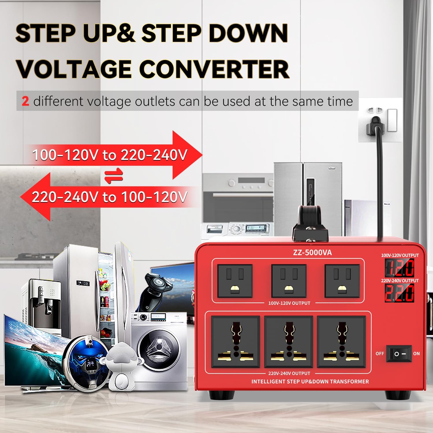 5000W Heavy Duty Voltage Converter Transformer – Step Up 110V to 220V & Step Down 220V to 110V, Auto Input Recognition, 3 US & 3 Universal Outlets, LCD Display, Circuit Breaker for Travel & Home