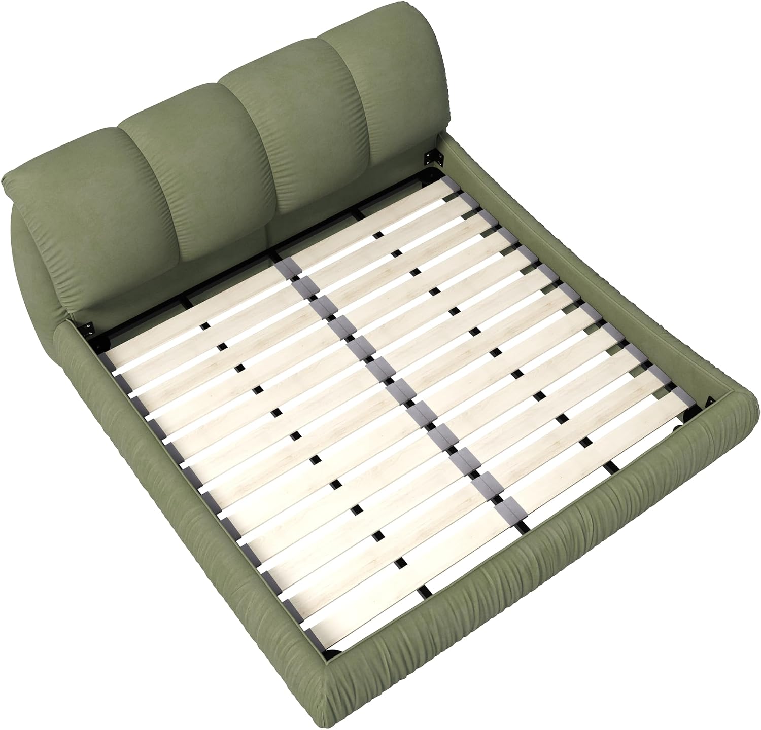KEIKI Queen Size Upholstered Platform Bed with Oversized Padded Backrest,Thickening Pinewooden Slats and Metal Leg,Green
