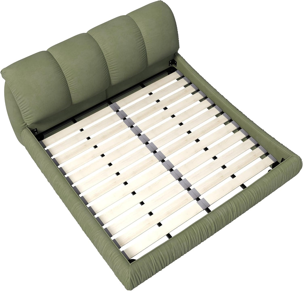 KEIKI King Size Upholstered Platform Bed with Oversized Padded Backrest,Thickening Pinewooden Slats and Metal Leg,Green