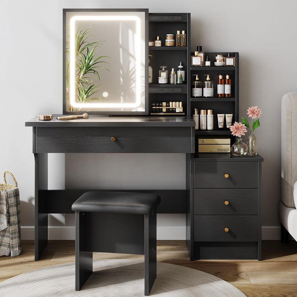 Memobarco Vanity Desk with Mirror and Lights, Makeup Vanity with 3 Adjustable Lighting Modes, Small Vanity Desk with Sliding Mirror, 4 Drawers, 7 Shelves, Vanity Chair for Bedroom, Black
