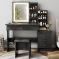 Memobarco Vanity Desk with Mirror and Lights, Makeup Vanity with 3 Adjustable Lighting Modes, Small Vanity Desk with Sliding Mirror, 4 Drawers, 7 Shelves, Vanity Chair for Bedroom, Black
