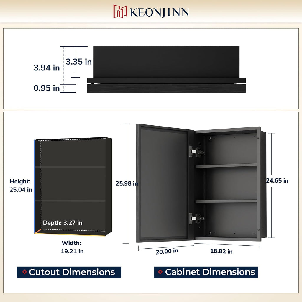 Keonjinn 20' x 26' Black Medicine Cabinet for Bathroom, Fully Assembled, Recessed or Surface Wall-Mounted, Aluminum Framed Beveled Mirror with Storage, Mirrored Cabinets with 2 Adjustable Shelves