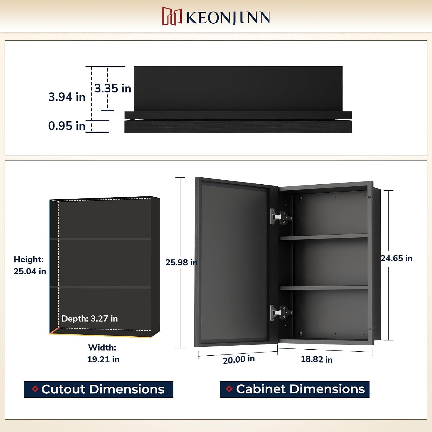 Keonjinn 20' x 26' Black Medicine Cabinet for Bathroom, Fully Assembled, Recessed or Surface Wall-Mounted, Aluminum Framed Beveled Mirror with Storage, Mirrored Cabinets with 2 Adjustable Shelves