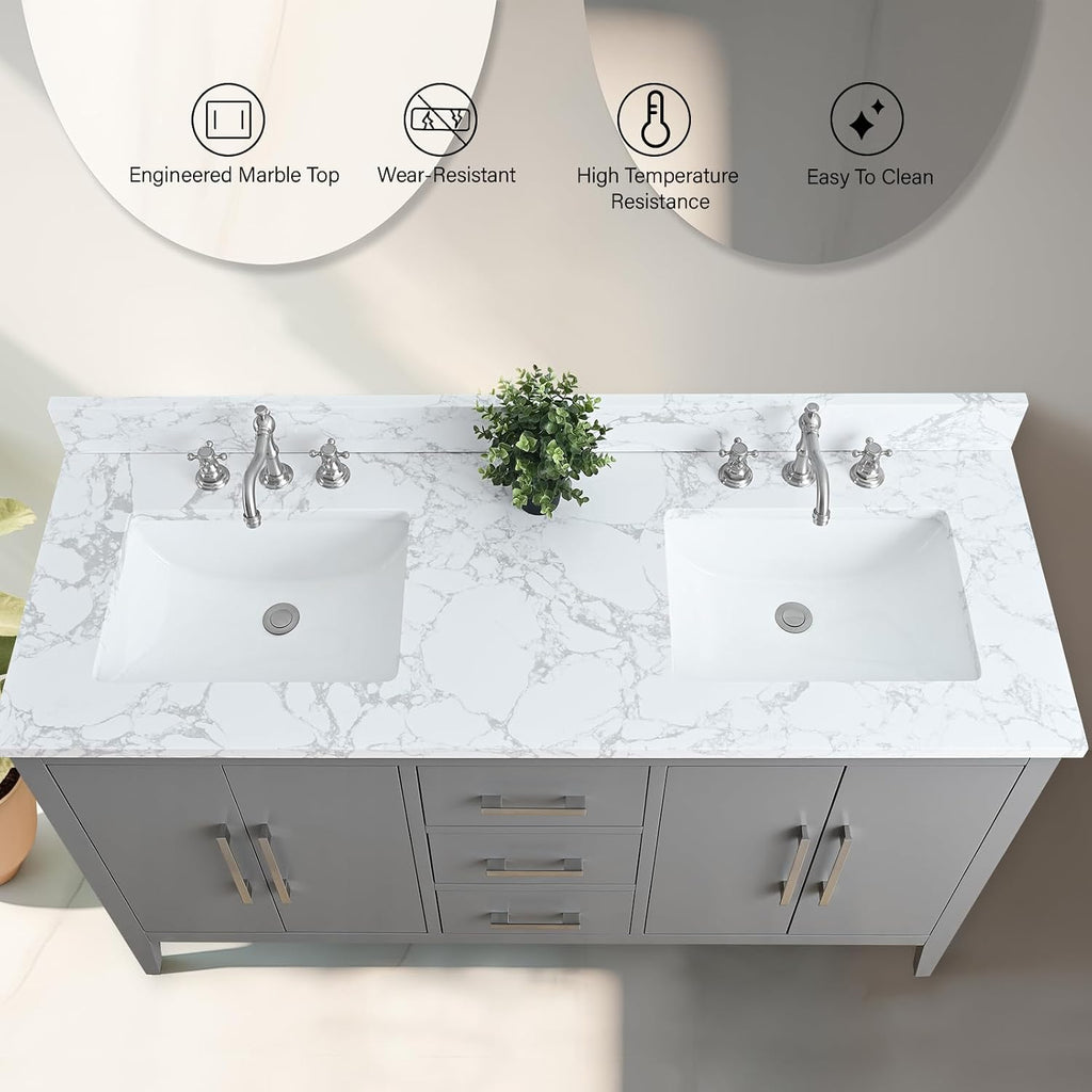 Vanity Art 60 inch Bathroom Vanity with Double Sink & Ceramic Top, Vanity Cabinet with Soft-Closing Doors, Drawers, Solid Wood Frame, Cashmere Gray,VA9060-DG-BN1