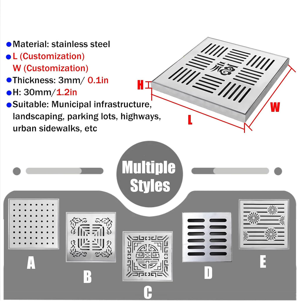 Sewer Drain Grate Cover Set, Stainless Steel Outdoor Drainage Channel with Frame, Commercial Rainwater Trench for Efficient Water Management