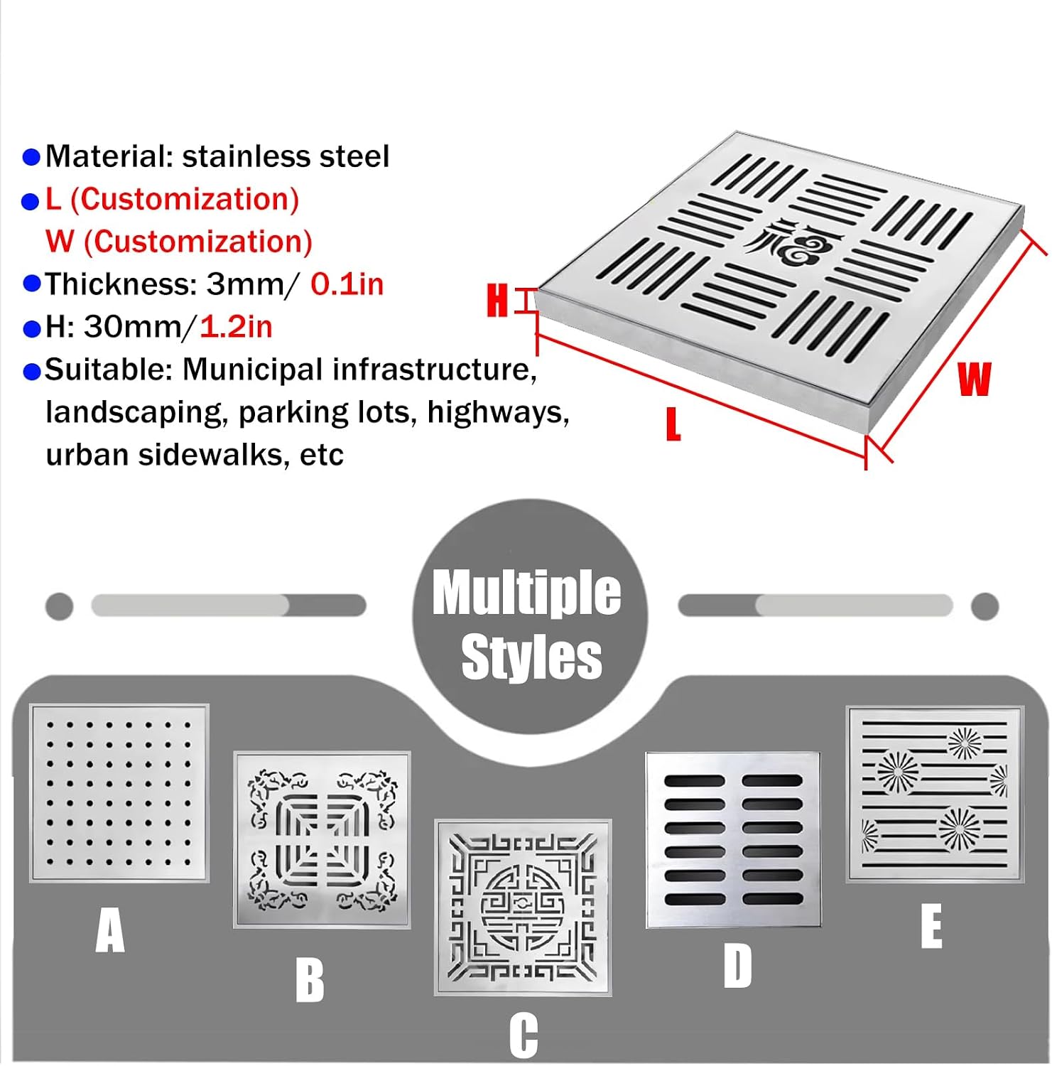Sewer Drain Grate Cover Set, Stainless Steel Outdoor Drainage Channel with Frame, Commercial Rainwater Trench for Efficient Water Management
