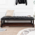 60in Button-Tufted Leather Indoor Bench,Black Upholstered Shoe Bench Entryway, Bedroom Bench Seat, End of Bed Ottoman, Vanity Bench with Wooden Base Shoes Rack (Brown+Wooden)(Black+Wooden)