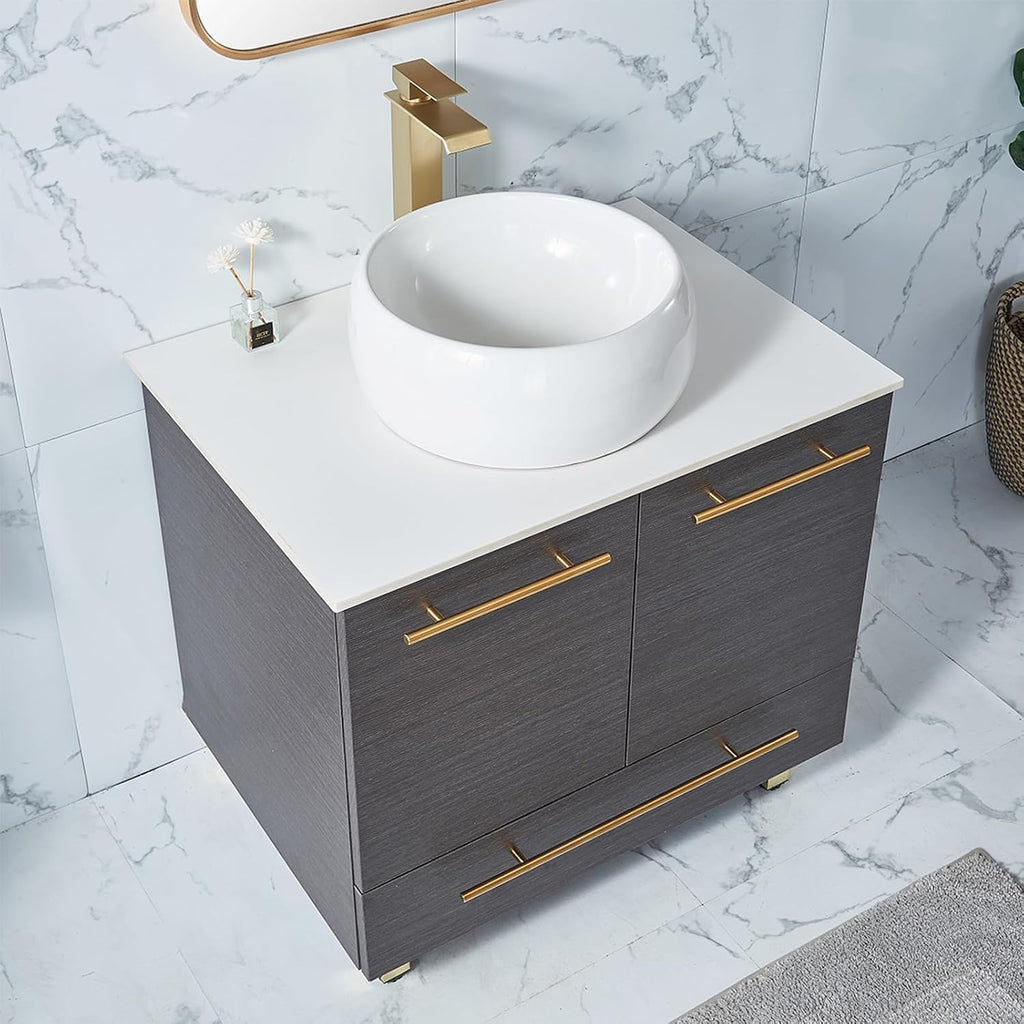 30' Bathroom Vanity, Black Bathroom Cabinet Combo, Modern Sink Vanity Set, Round Countertop Sink, 2 Doors 1 Drawer