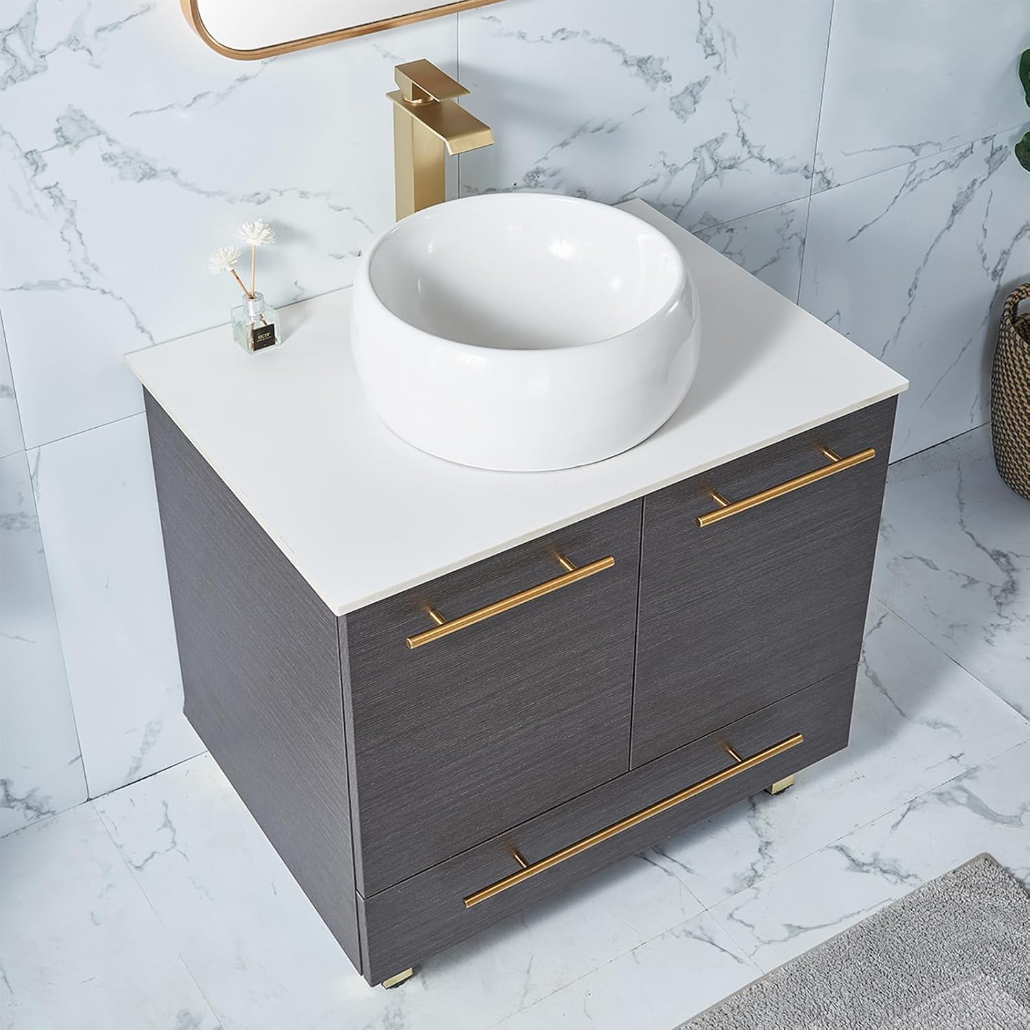 30' Bathroom Vanity, Black Bathroom Cabinet Combo, Modern Sink Vanity Set, Round Countertop Sink, 2 Doors 1 Drawer