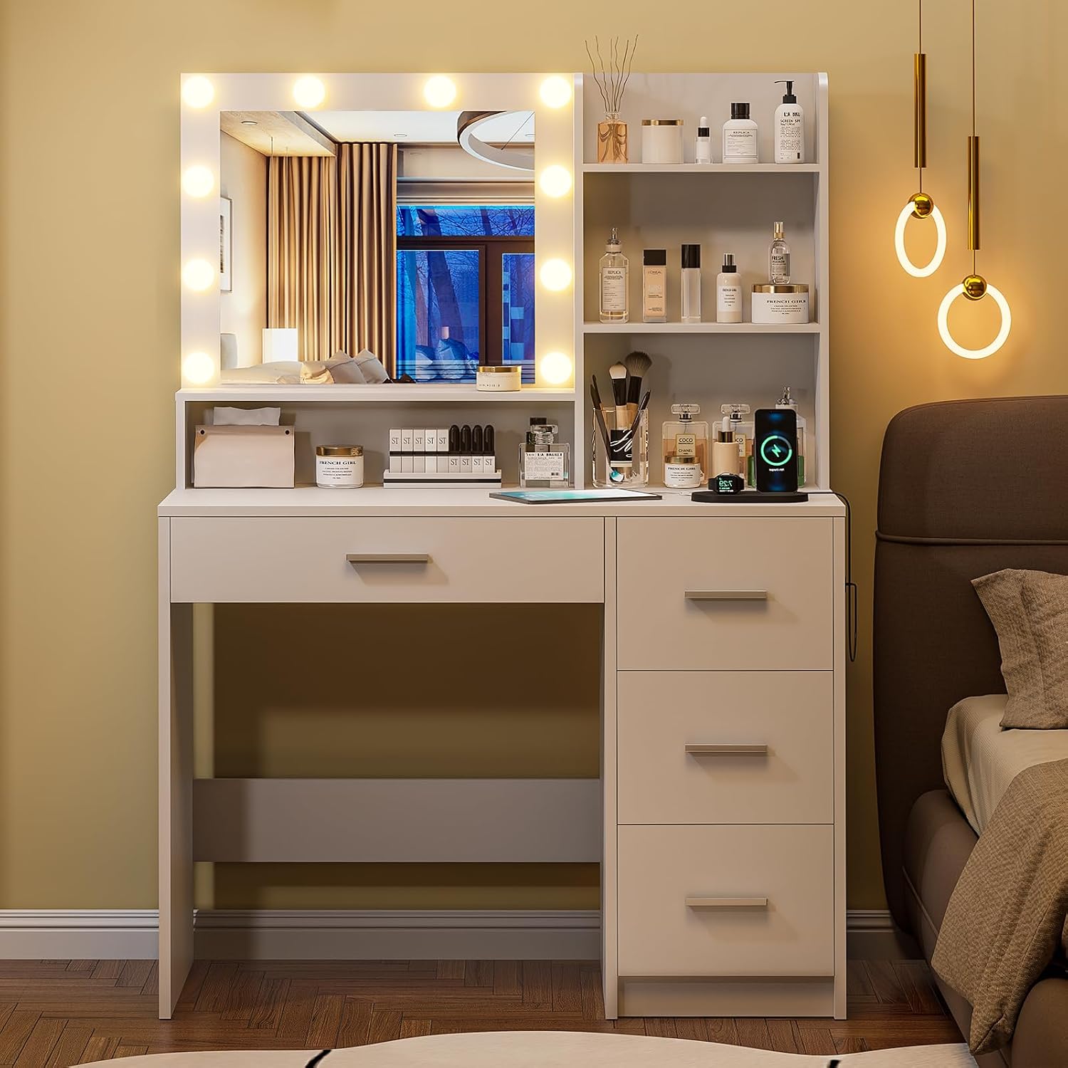 Vanity Desk with Lighted Mirror, White Vanity with 4 Drawers,Makeup Vanity with Storage Shelves and Power Outlet,10 Lights with 3 Color Modes Brightness Adjustable for Girls' Bedroom (White)