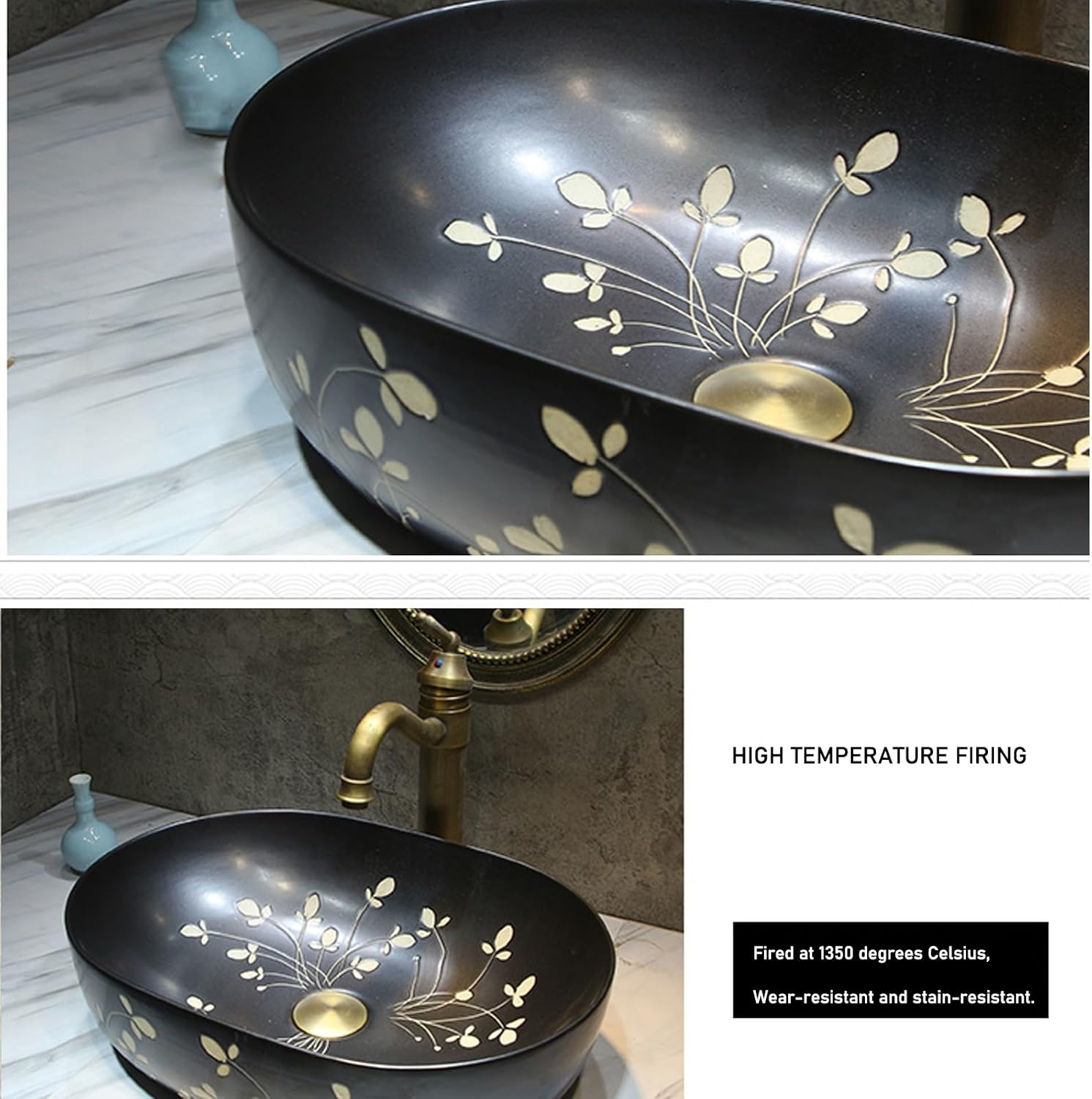 Ceramic Retro Bathroom Vessel Sink, Art Hand Wash Basin, Home Vanity Sink with Accessories, Countertop Basin for B&B, Club, Home