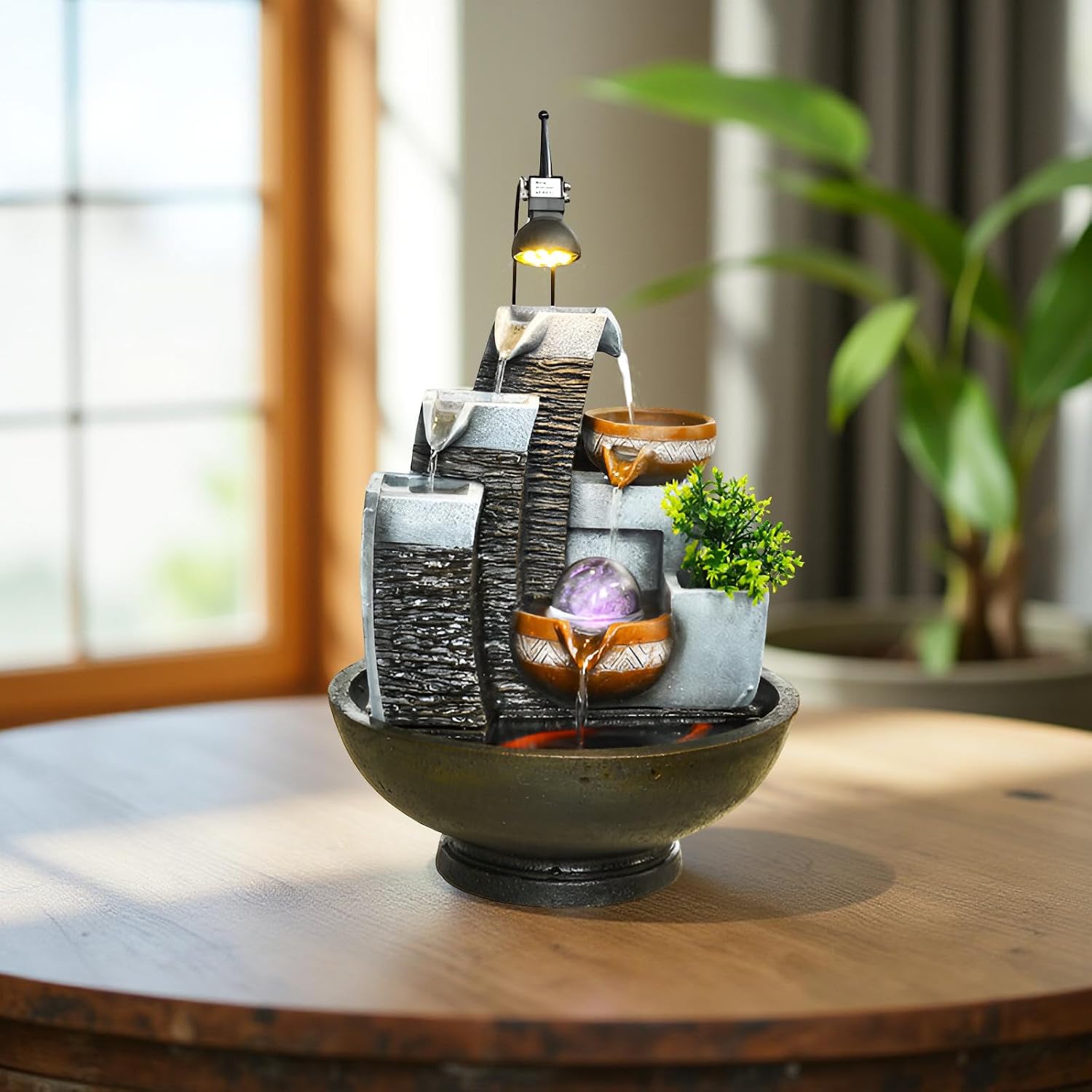 16.93' Indoor Tabletop Fountain with LED Fish Tank, Lighted Crystal Ball & Free 10 Natural Crystals – Water Feature for Home, Office, Entryway & Housewarming Gift (Style 2 + Spotlight)