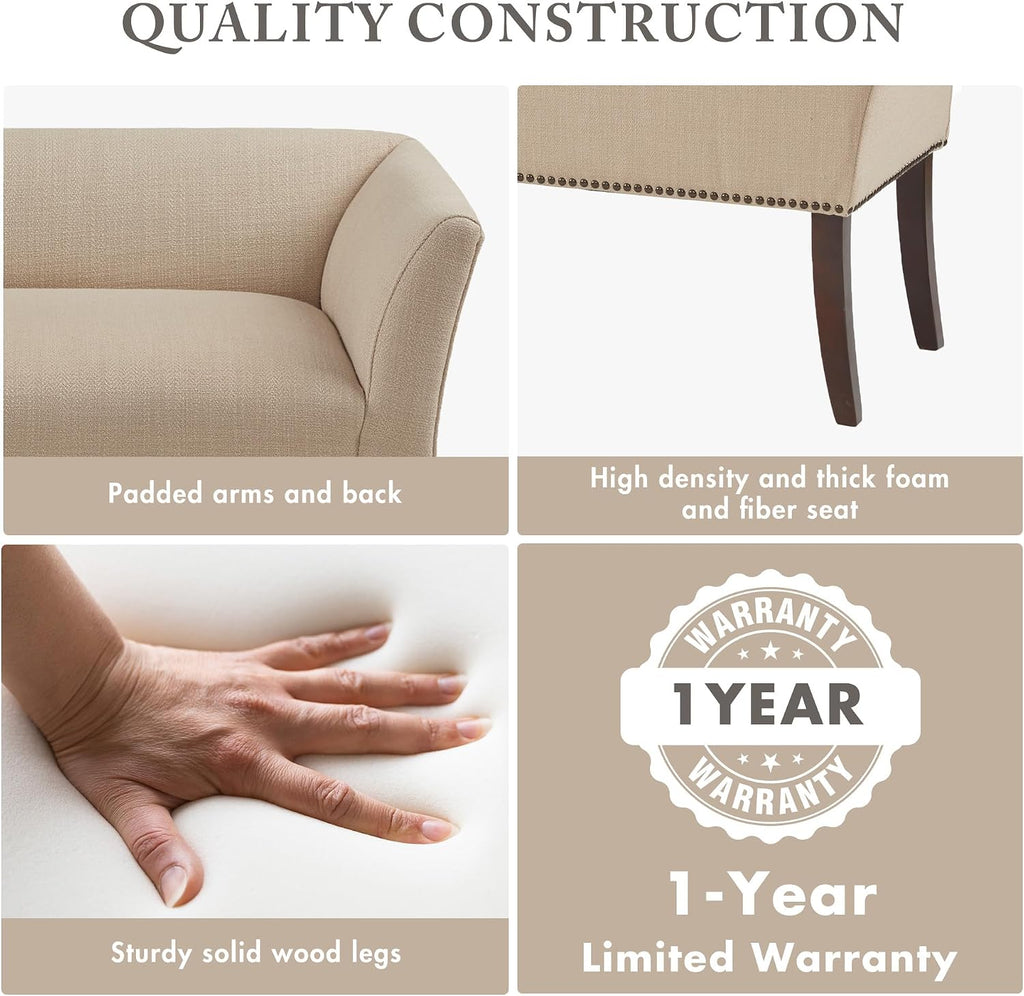 Madison Park Accent Bench, Upholstered with Nailhead Trim, & Padded Seat Entryway Bench Small, End of Bed Bench with Back, 49.5' W x 19.25' D x 23' H, Tan