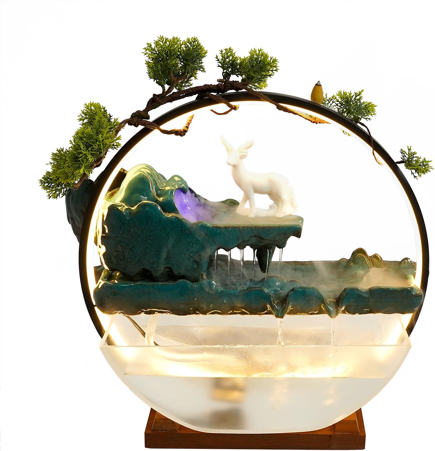 Tabletop Water Fountains, Indoor Waterfall with Round LED Light & Mist Maker & Fish Tank, Water Feature Feng Shui Decor for Meditation Entrance, L17.3*D5.3*H16.5in