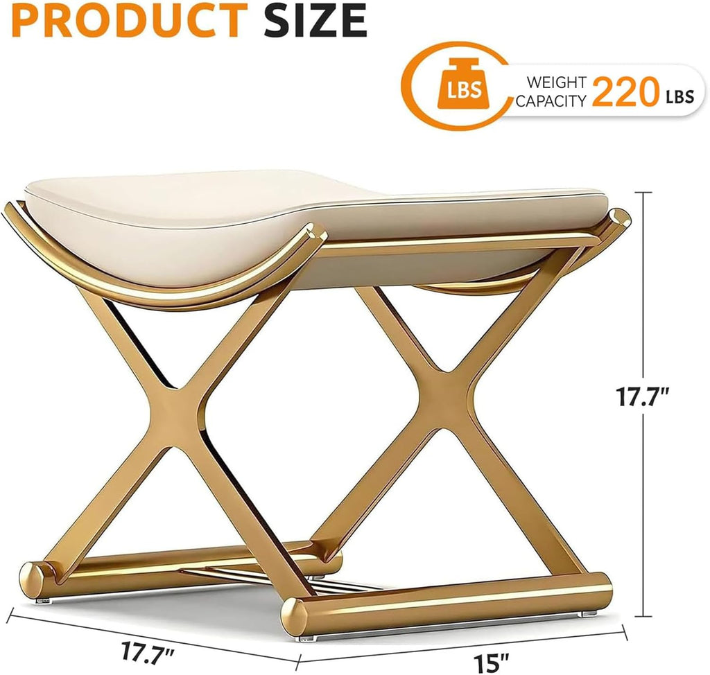 CHSSIH Vanity Stool Chair for Makeup - Small Backless Leather Stool for Vanity - Modern Ottoman Bench Seat with Metal X Legs, Footstool for Bathroom & Living Room - Gold
