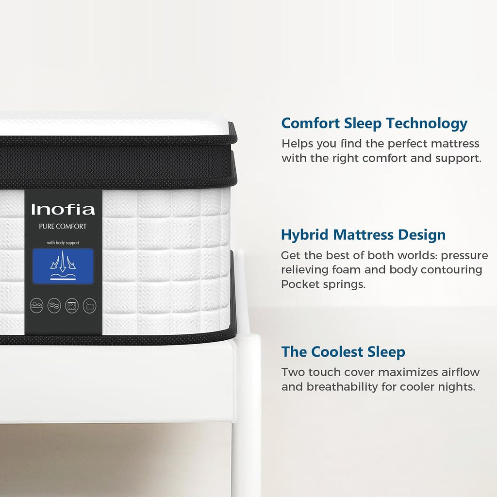 Inofia Full Mattress, 12 Inch Hybrid Innerspring Mattress Cool Bed with Breathable Soft Knitted Fabric Cover, 101 Nights Trial, Full Size Mattresses