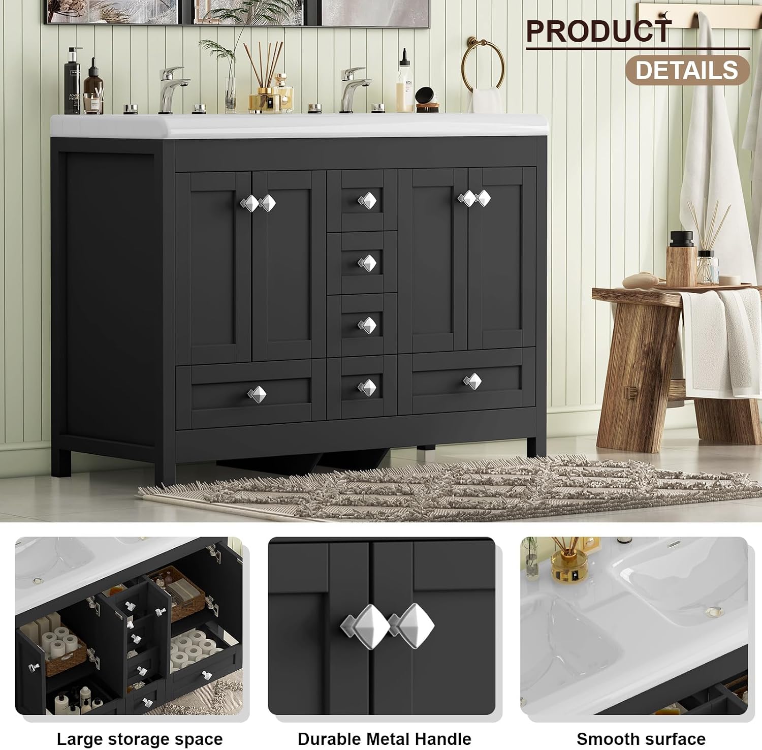 Bathroom Vanities with Sink Combo, 48' Modern Double Bathroom Vanity with 4 Doors & 5 Drawers, Freestanding White Bathroom Cabinet with Double Ceramic Sink, Black