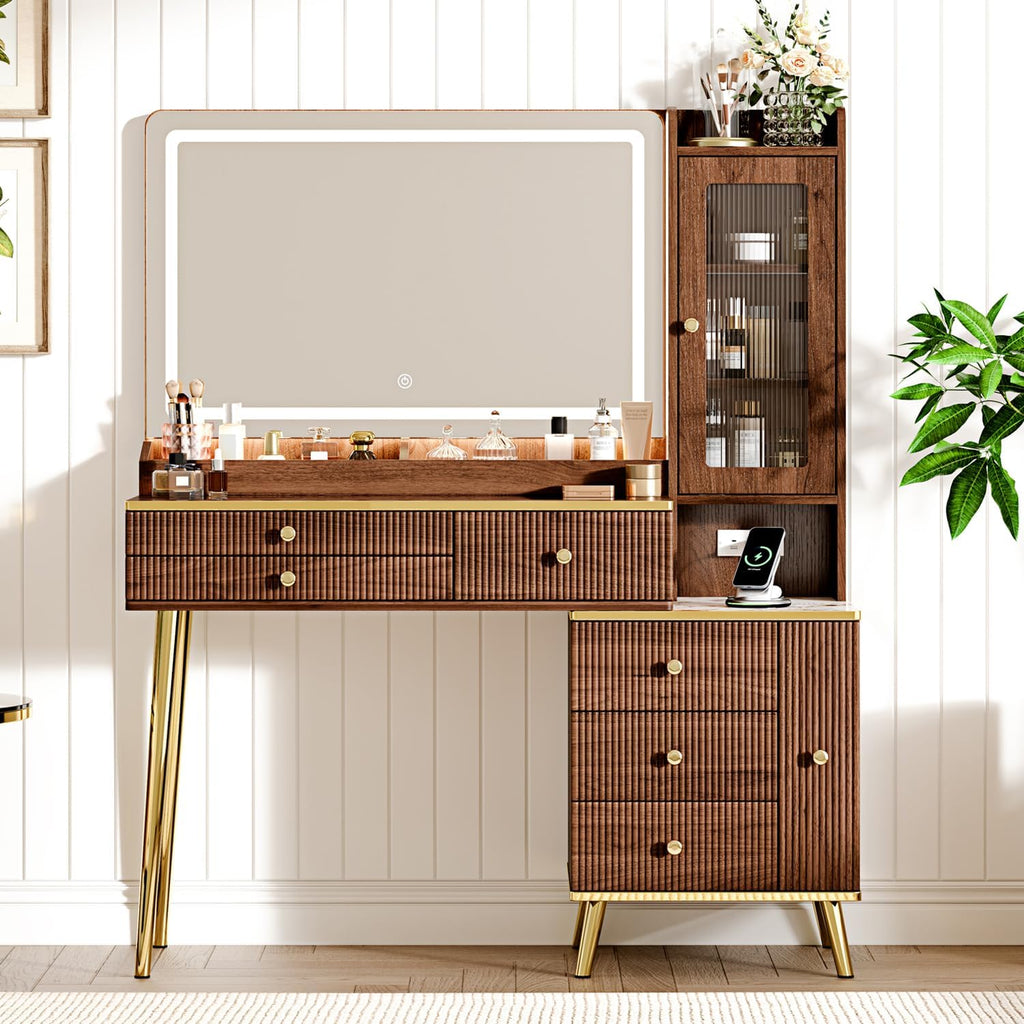 Arulvmrn Vanity Desk with 35.12' HD Lighted Mirror, 46.85' Big Modern Vanity Desk with Mirror and Lights, Makeup Vanity with 7 Drawers and Storage Shelves and Charging Station, Walnut