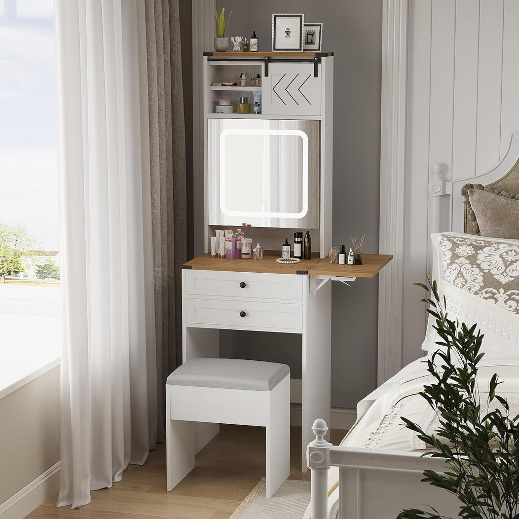ARTETHYS Farmhouse Small Vanity Desk Set with Mirror Cabinet Mini Makeup Vanities Set with 3 Adjustable Lights and Storage Chair for Compact Space, White Dressing Table with Fold-up Panel