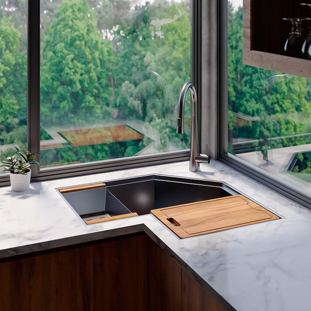 Strictly Sinks 30 Inch Corner Kitchen Sink Undermount– 16 Gauge Stainless Steel Butterfly Sink Undermount, Scratch & Stain Resistant Corner Single Bowl Workstation Sink with Accessories (Black)