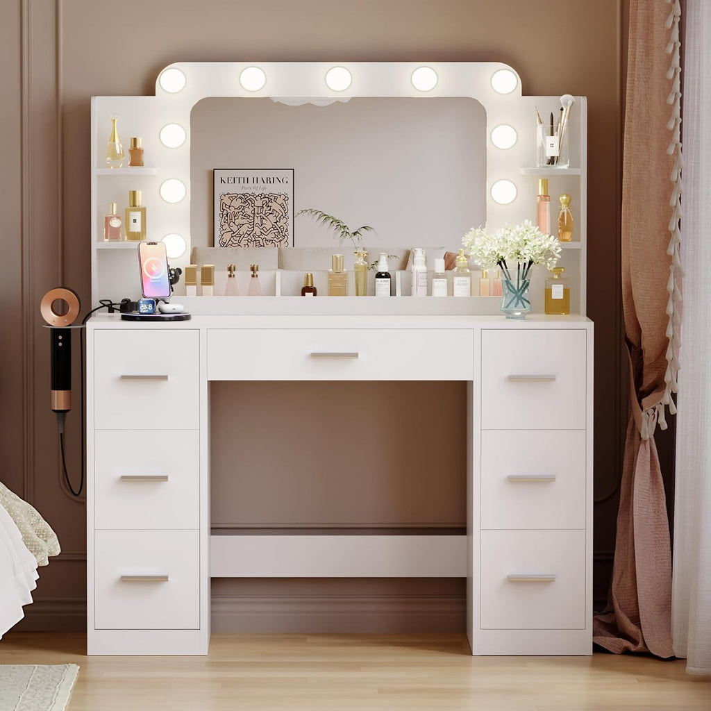 Furmax Vanity Desk with Hollywood Style Mirror with LED Lights, Makeup Table Vanity with 2 AC Outlets and1 USB＆1 Type-C Port, Adjustable Lighting, Modern Ample Storage Drawers Dressing Table (White)