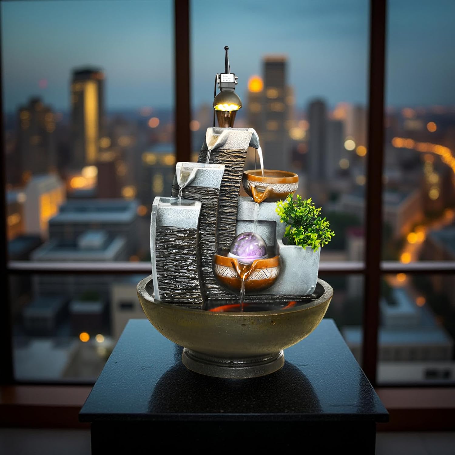 16.93' Indoor Tabletop Fountain with LED Fish Tank, Lighted Crystal Ball & Free 10 Natural Crystals – Water Feature for Home, Office, Entryway & Housewarming Gift (Style 2 + Spotlight)