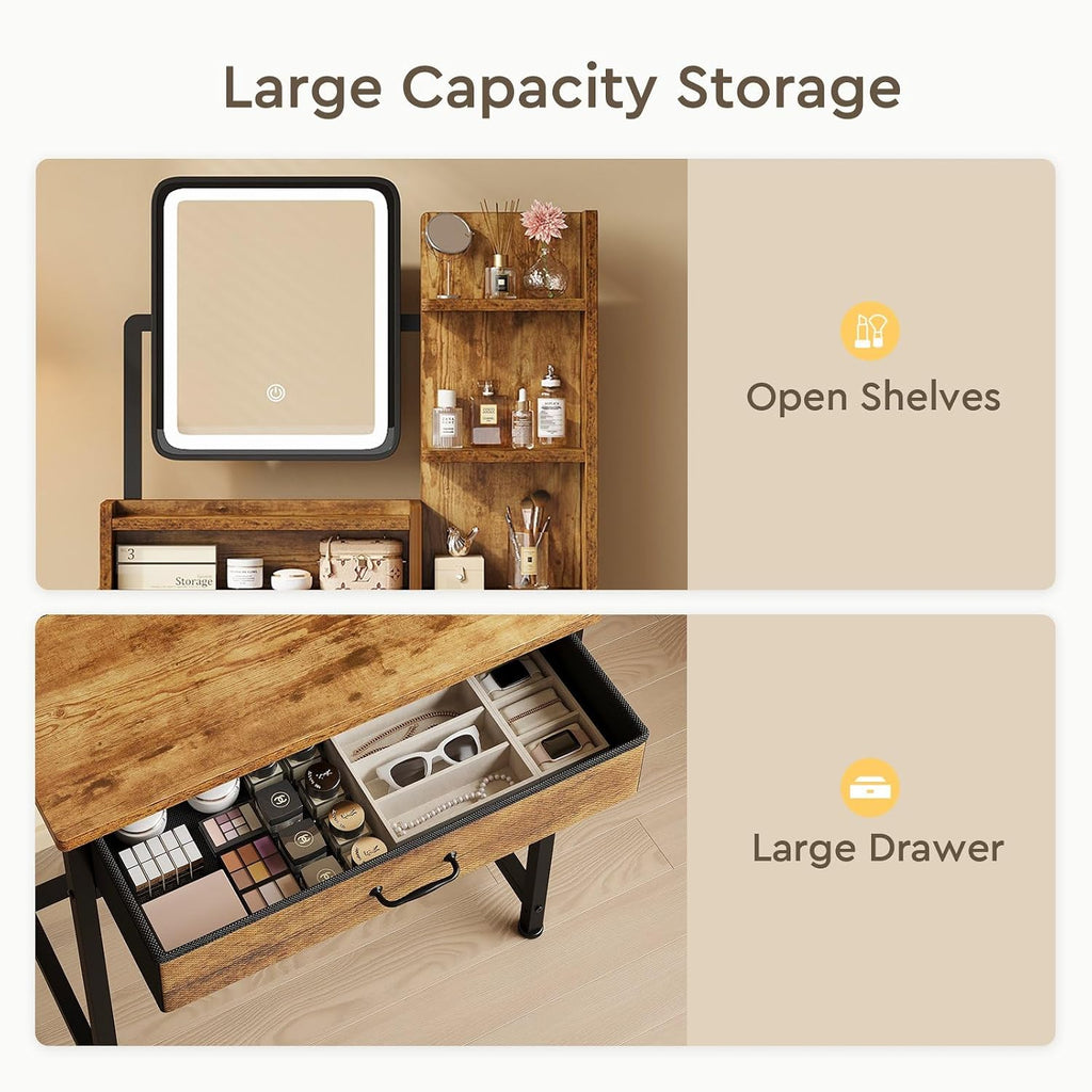 YeTom Makeup Vanity Desk with Mirror and Lights, Small Vanity with Fabric Storage Drawer & Chair & Shelves, Rustic Brown Compact Makeup Vanity Set for Bedroom