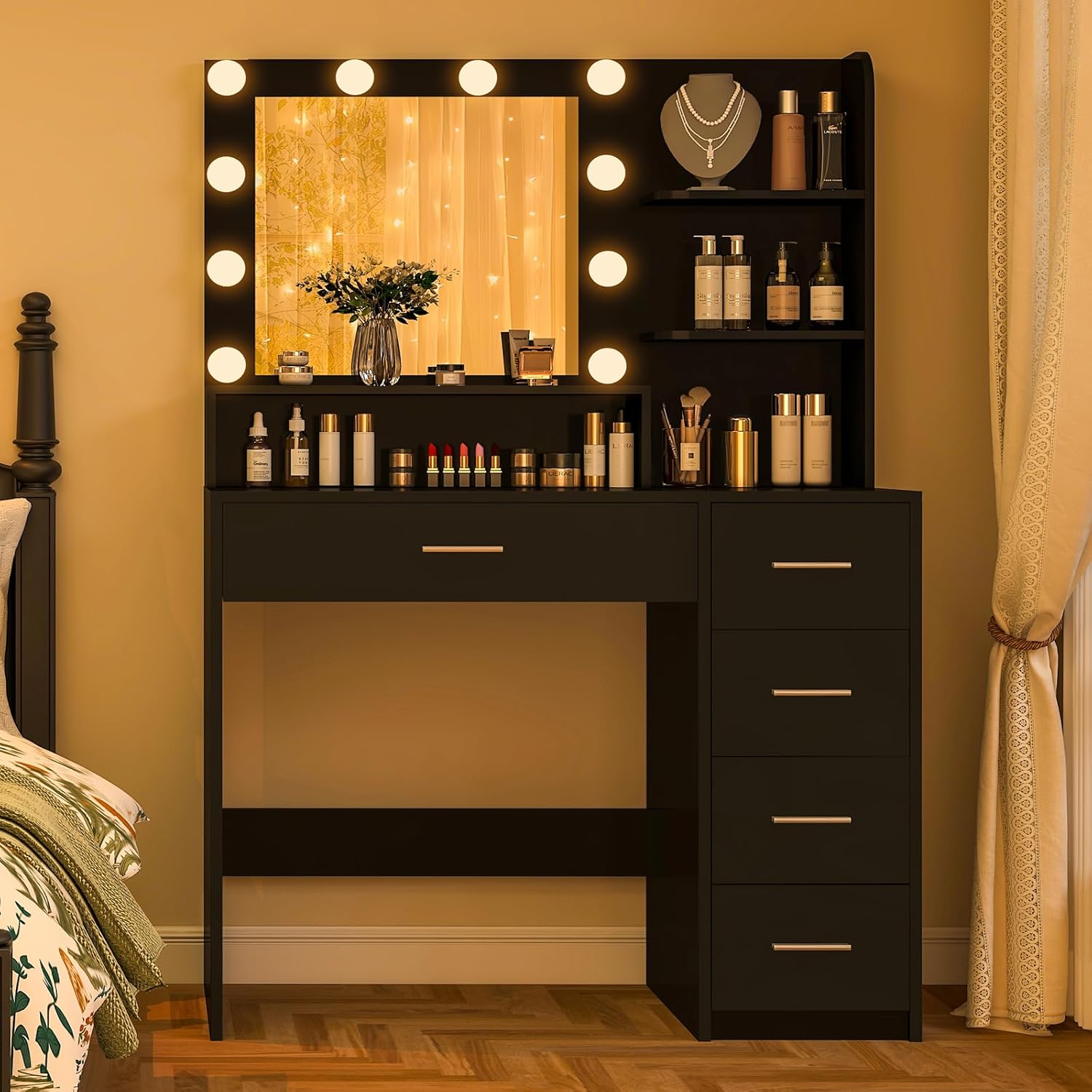 Quimoo Makeup Vanity Desk with Mirror & Lights, Vanity Desk with 5 Drawers & Storage Shelves, Vanity Table, 3 Color Modes & Adjustable Brightness Dressing Table, Bedroom, Black