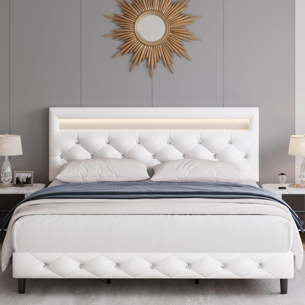 Keyluv Modern Upholstered Queen Bed Frame with LED Lights, Faux Leather Low Profile Platform Bed Frame, Adjustable Crystal Button Tufted Headboard, Strong Wood Slat Support, Easy Assembly, White