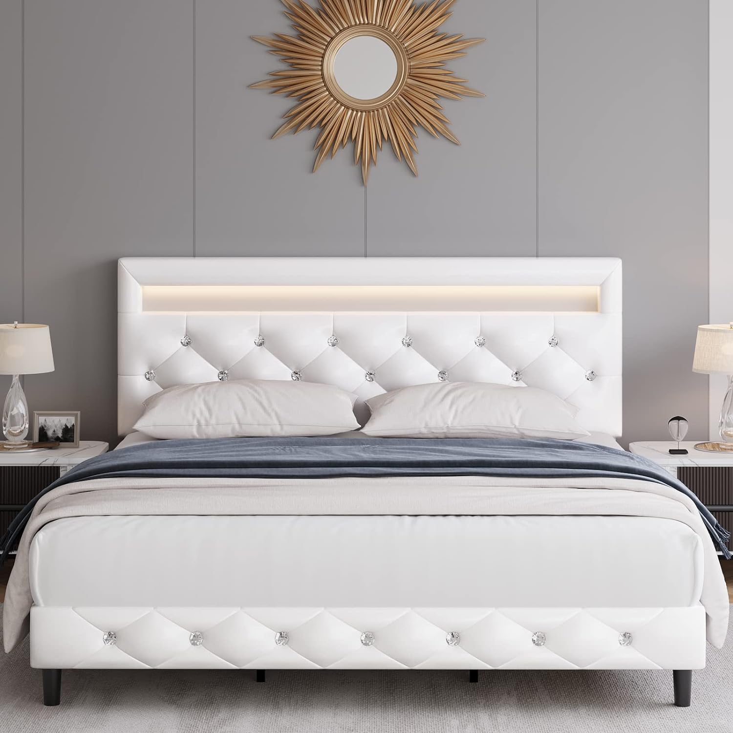 Keyluv Modern Upholstered Queen Bed Frame with LED Lights, Faux Leather Low Profile Platform Bed Frame, Adjustable Crystal Button Tufted Headboard, Strong Wood Slat Support, Easy Assembly, White