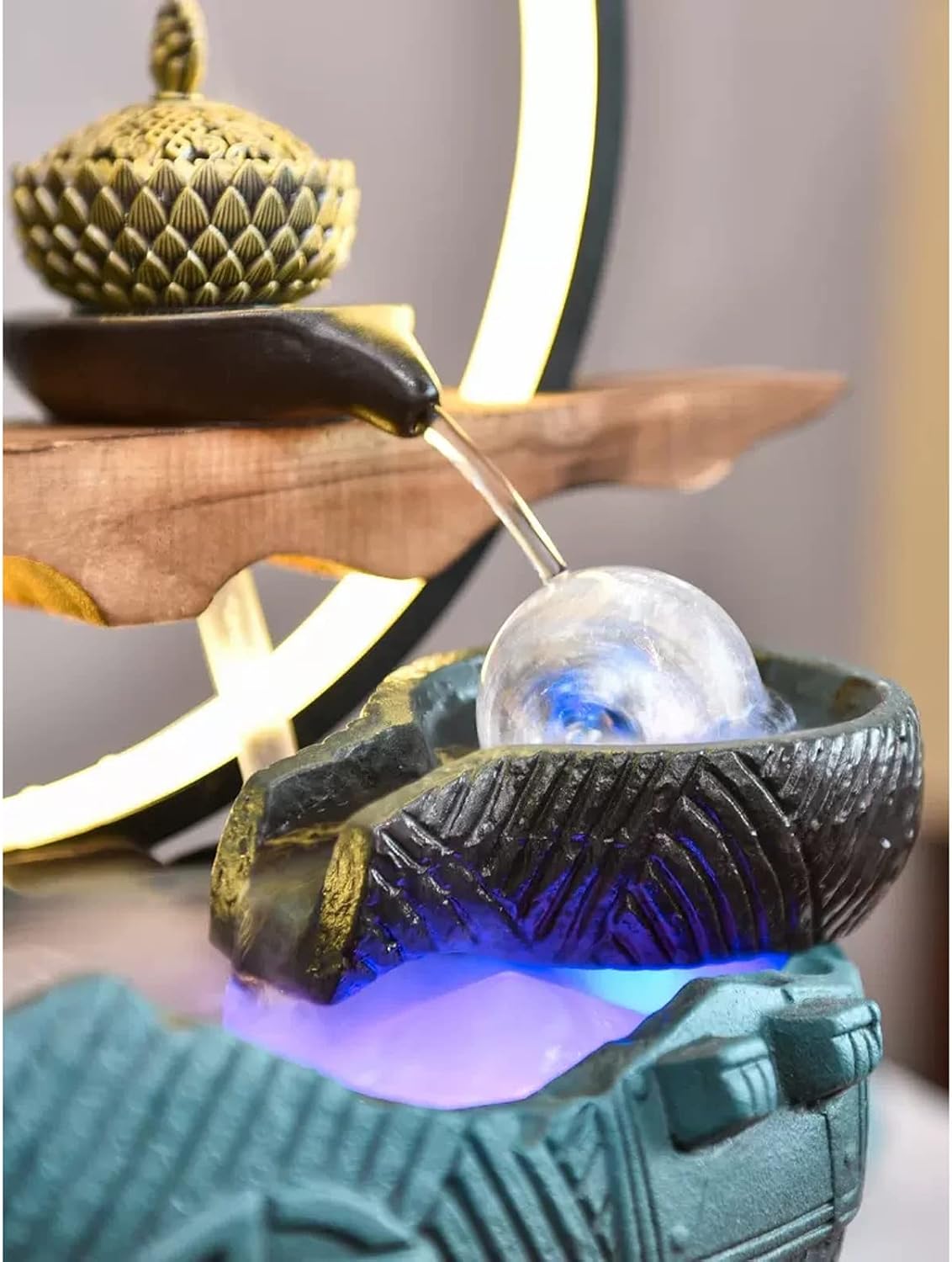 Desktop Fountain Indoor Fountain Tabletop with LED Lights and Rolling Ball Feng Shui Zen Waterfall Fountains Relaxation Water Feature Meditation Desktop for Home Office Decor