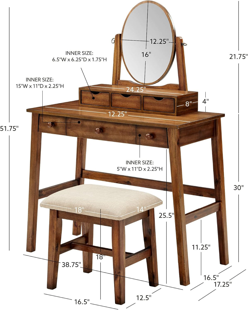 Linon MidCentury Walnut Upholstered Seat Beverly Vanity Set, Medium
